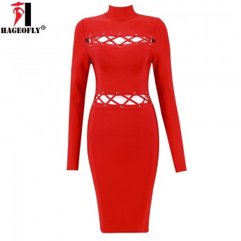Long Sleeve Bandage Dress Rayon Hollow Out Blue Red 